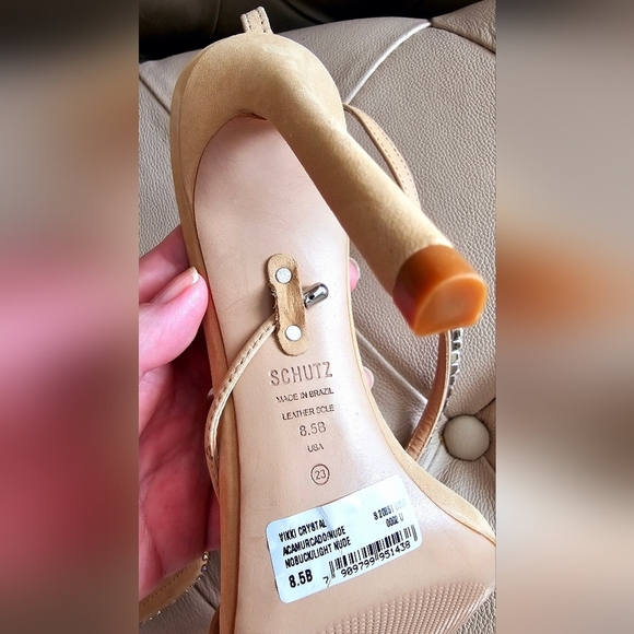 SCHUTZ Vikki Crystal Nude Beige Leather Sandals Strap Heels Prom Rhinestones 8.5 - Picture 5 of 8